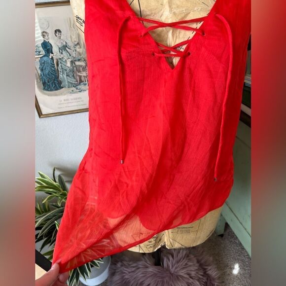 Rachel Roy NWT Red Party Time Anytime Passion Lace Up V Neck Sleeveless Blouse L - Picture 3 of 13